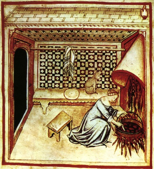 Medieval-Woman-cooking-with-cat-nearby