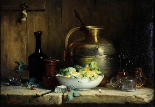 Lefebvre, Ernest Eugene, 1850-1889; Still Life with a Pitcher, Glasses and a Bowl of Salad